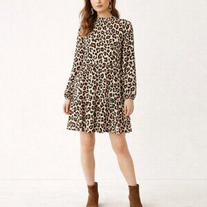 LOFT Outlet Women’s Animal Print Tiered Shift Dress Long Sleeve Size Small